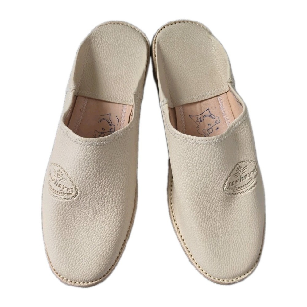 Moroccan Handmade Leather Babouche Slippers Cream Beige Round Toe Mules Size 8